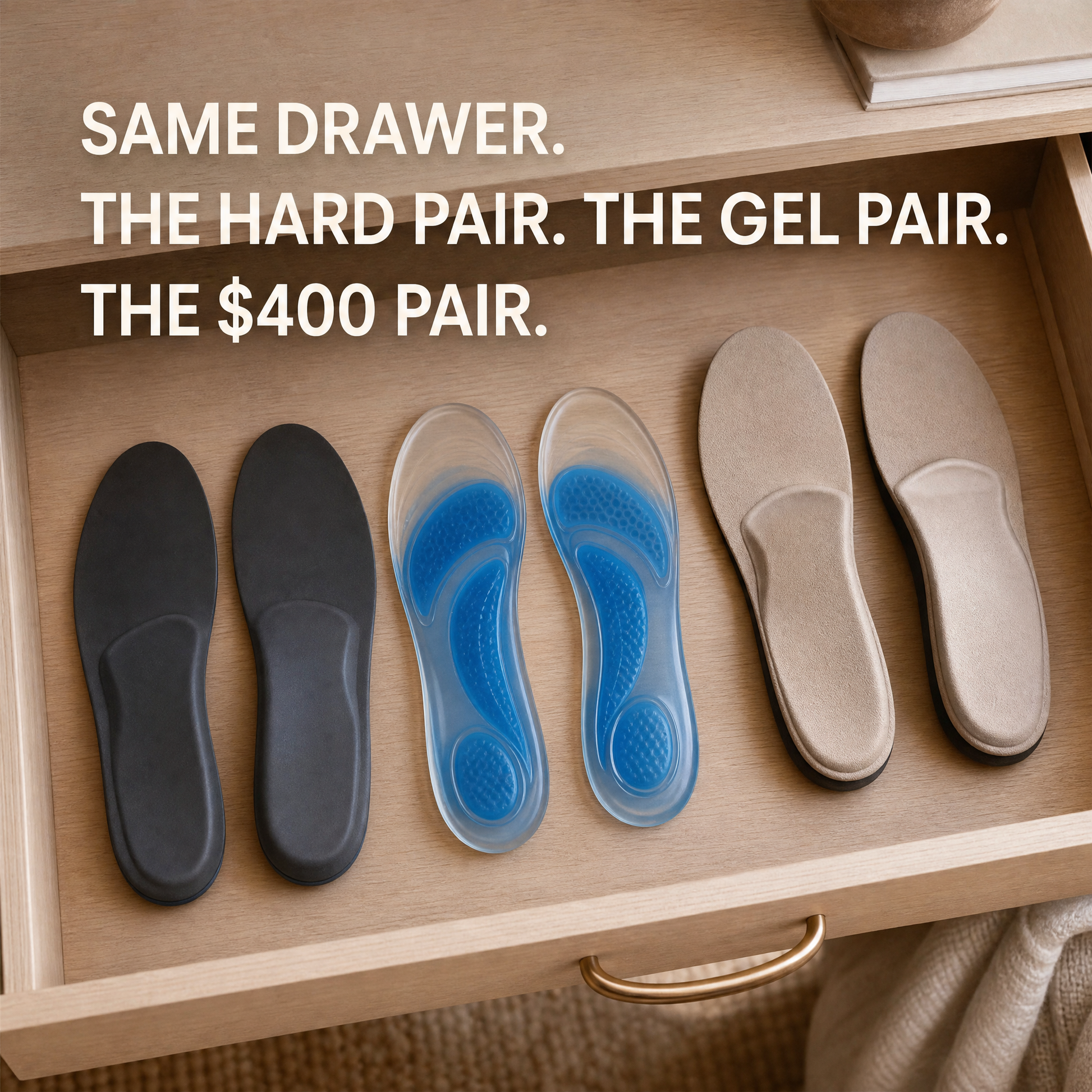 Drawer holding hard, gel and expensive unused insoles, reflecting repeated failed purchases.