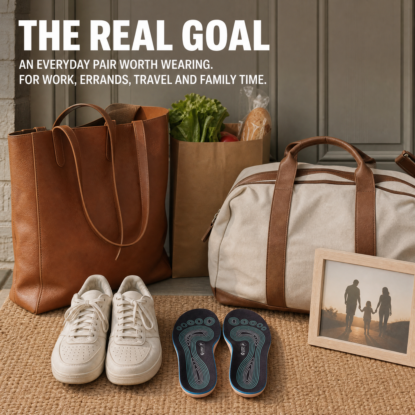 ARVIENO insoles beside everyday shoes, work, errands, travel and family-day cues.